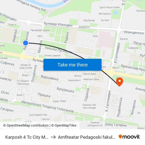 Karposh 4 Tc City Mall to Amfiteatar Pedagoski fakultet map