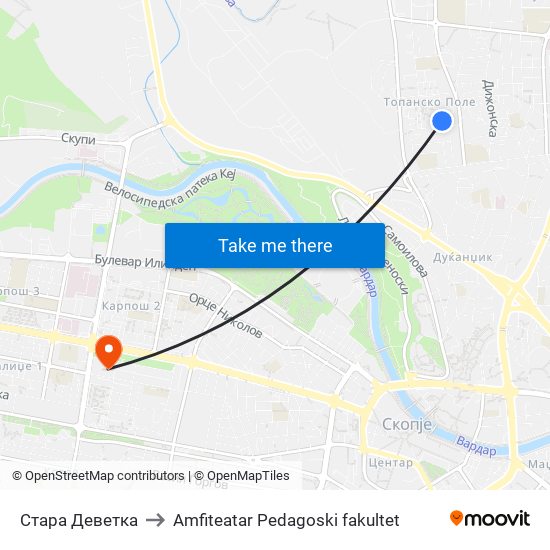 Стара Деветка to Amfiteatar Pedagoski fakultet map