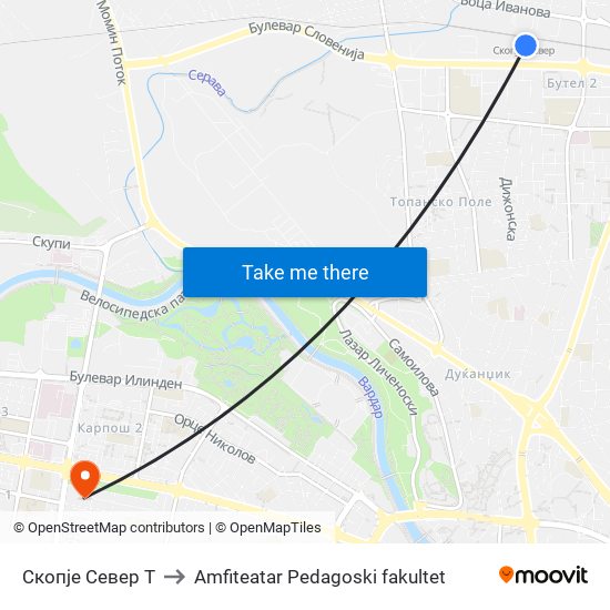 Скопје Север Т to Amfiteatar Pedagoski fakultet map