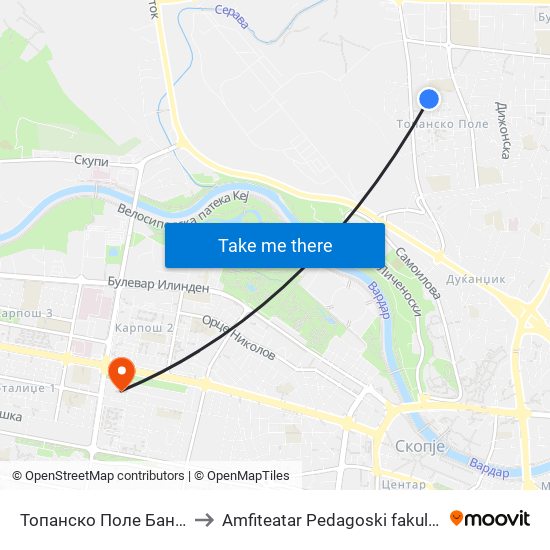 Топанско Поле Банка to Amfiteatar Pedagoski fakultet map