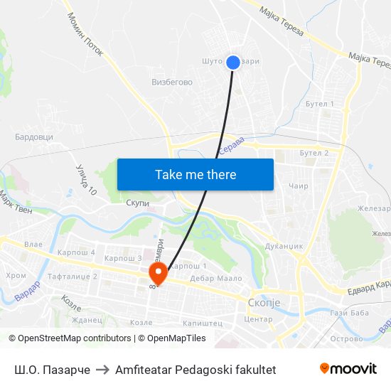Ш.О. Пазарче to Amfiteatar Pedagoski fakultet map