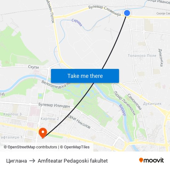 Циглана to Amfiteatar Pedagoski fakultet map