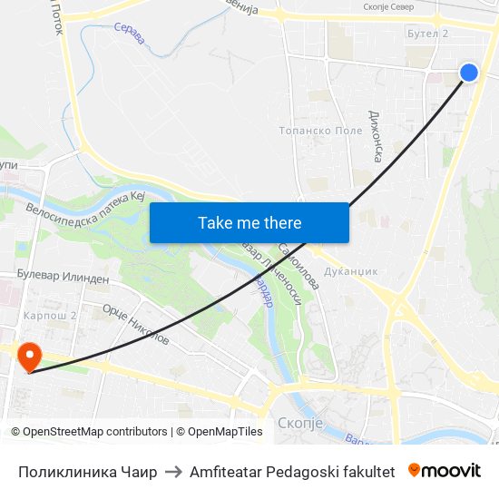 Поликлиника Чаир to Amfiteatar Pedagoski fakultet map