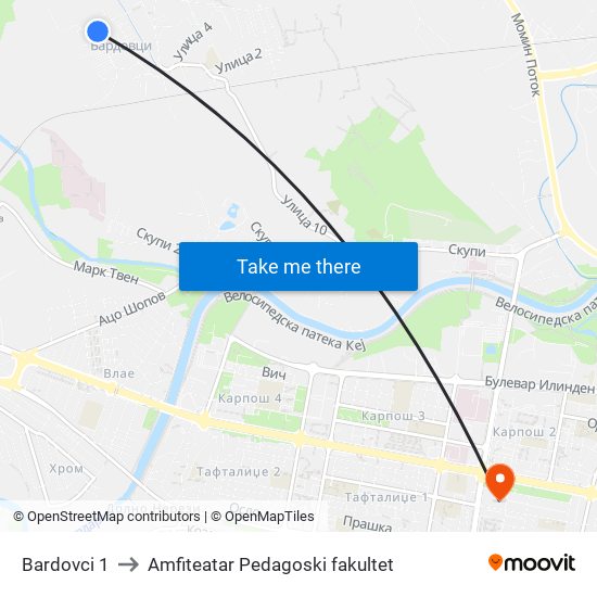Bardovci 1 to Amfiteatar Pedagoski fakultet map
