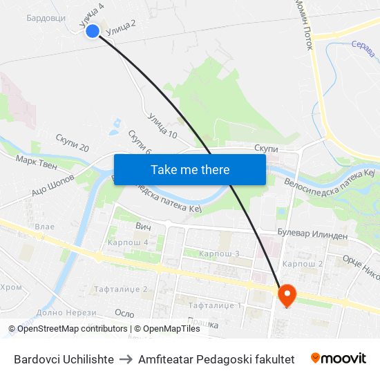 Bardovci Uchilishte to Amfiteatar Pedagoski fakultet map