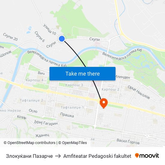 Злокуќани Пазарче to Amfiteatar Pedagoski fakultet map