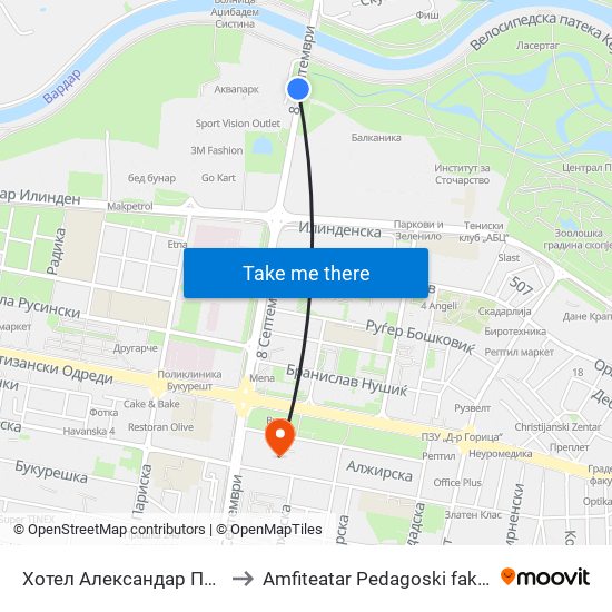 Хотел Александар Палас to Amfiteatar Pedagoski fakultet map