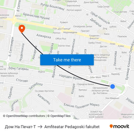 Дом На Печат-Т to Amfiteatar Pedagoski fakultet map