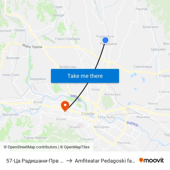 57-Ца Радишани-Прв Влез to Amfiteatar Pedagoski fakultet map