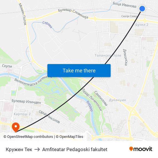 Кружен Тек to Amfiteatar Pedagoski fakultet map