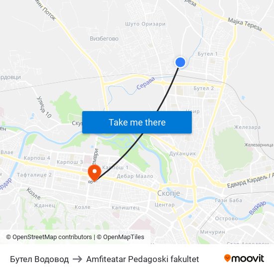 Бутел Водовод to Amfiteatar Pedagoski fakultet map