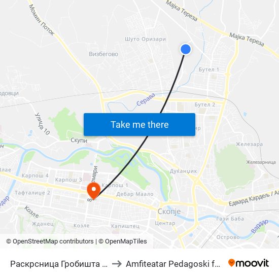 Раскрсница Гробишта Бутел to Amfiteatar Pedagoski fakultet map