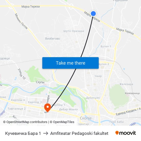 Кучевичка Бара 1 to Amfiteatar Pedagoski fakultet map