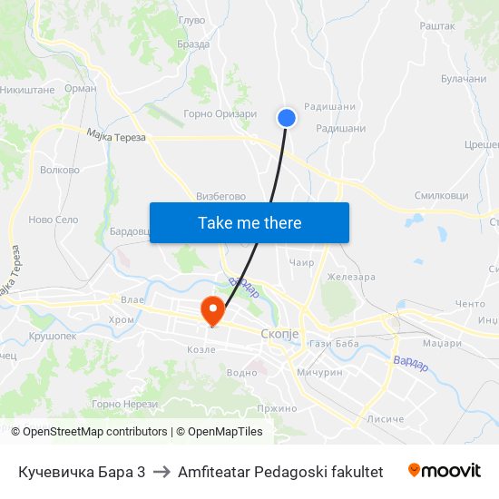 Кучевичка Бара 3 to Amfiteatar Pedagoski fakultet map