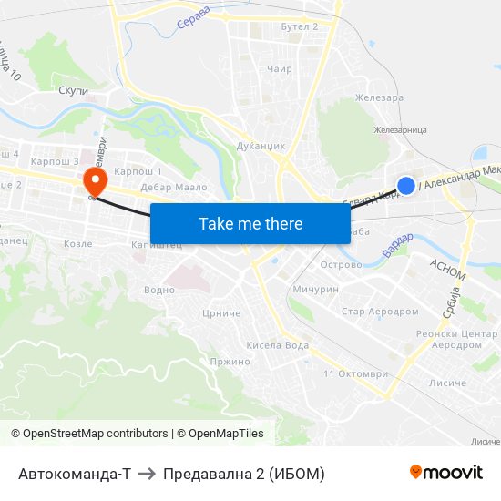 Автокоманда-Т to Предавална 2 (ИБОМ) map