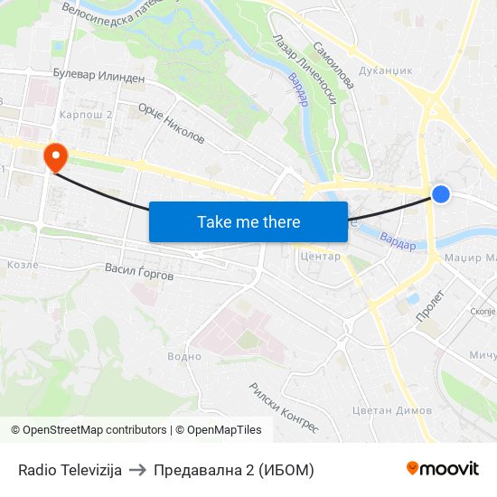 Radio Televizija to Предавална 2 (ИБОМ) map