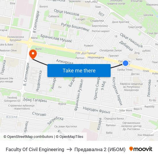 Faculty Of Civil Engineering to Предавална 2 (ИБОМ) map