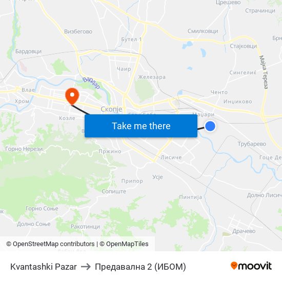 Kvantashki Pazar to Предавална 2 (ИБОМ) map