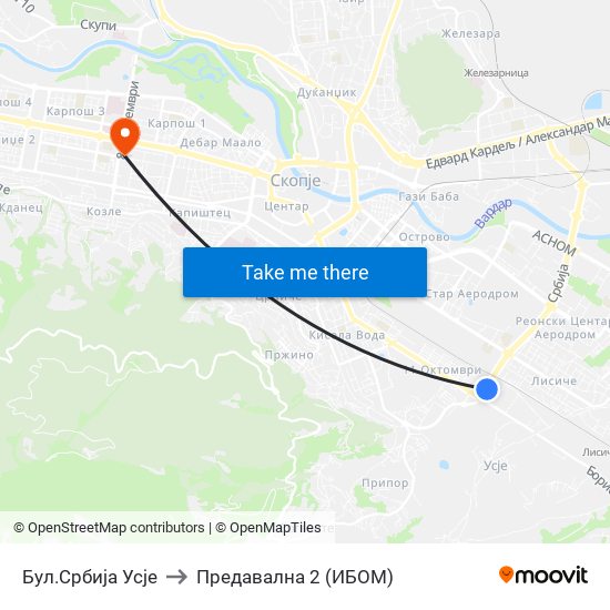 Бул.Србија Усје to Предавална 2 (ИБОМ) map
