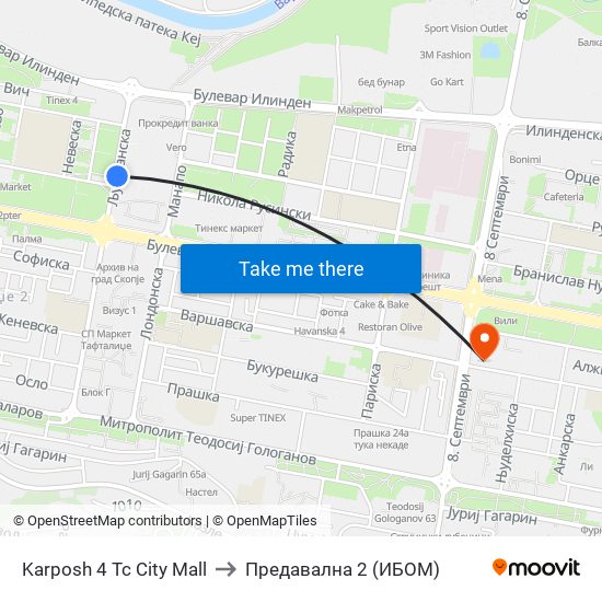 Karposh 4 Tc City Mall to Предавална 2 (ИБОМ) map