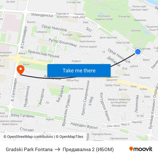 Gradski Park Fontana to Предавална 2 (ИБОМ) map