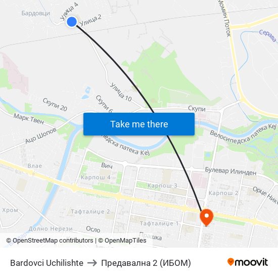 Bardovci Uchilishte to Предавална 2 (ИБОМ) map