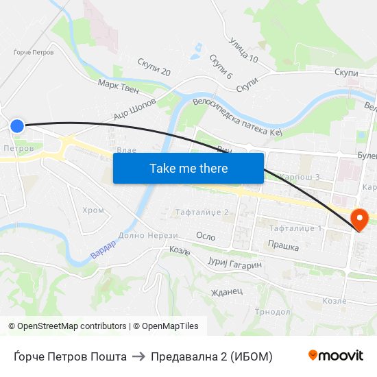 Ѓорче Петров Пошта to Предавална 2 (ИБОМ) map