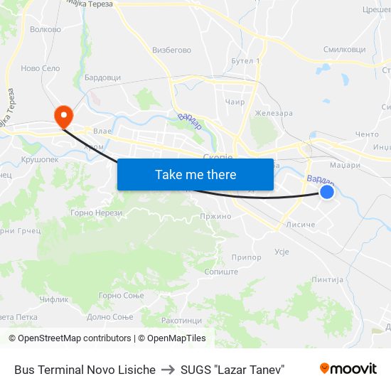 Bus Terminal Novo Lisiche to SUGS "Lazar Tanev" map