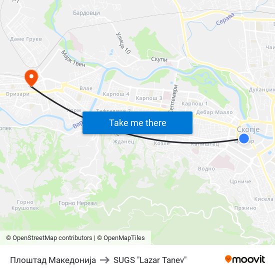 Плоштад Македонија to SUGS "Lazar Tanev" map