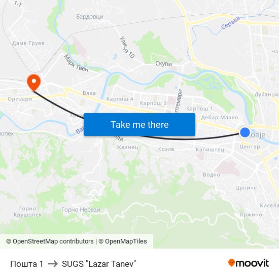 Пошта 1 to SUGS "Lazar Tanev" map