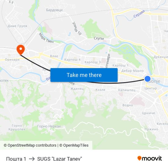 Пошта 1 to SUGS "Lazar Tanev" map