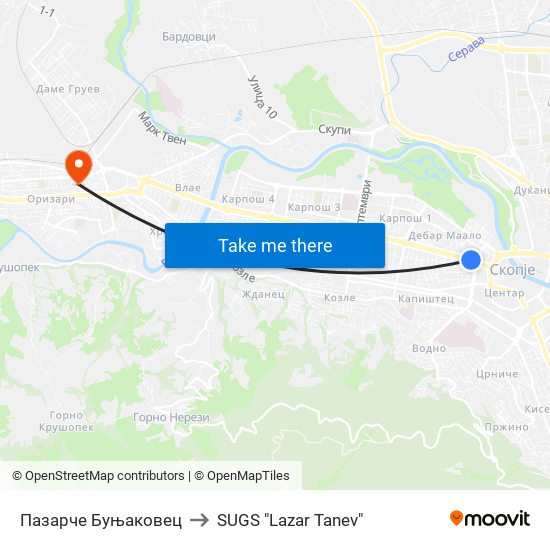 Пазарче Буњаковец to SUGS "Lazar Tanev" map