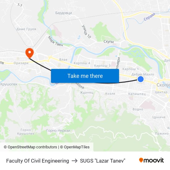 Faculty Of Civil Engineering to SUGS "Lazar Tanev" map