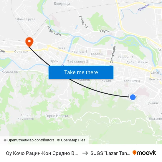 Оу Кочо Рацин-Кон Средно Водно to SUGS "Lazar Tanev" map