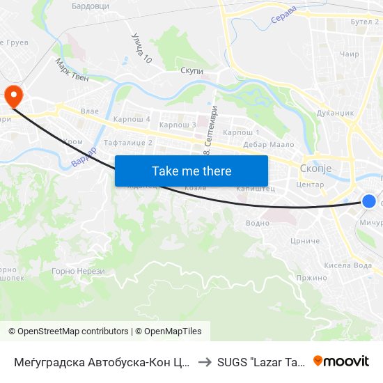 Меѓуградска Автобуска-Кон Центар to SUGS "Lazar Tanev" map