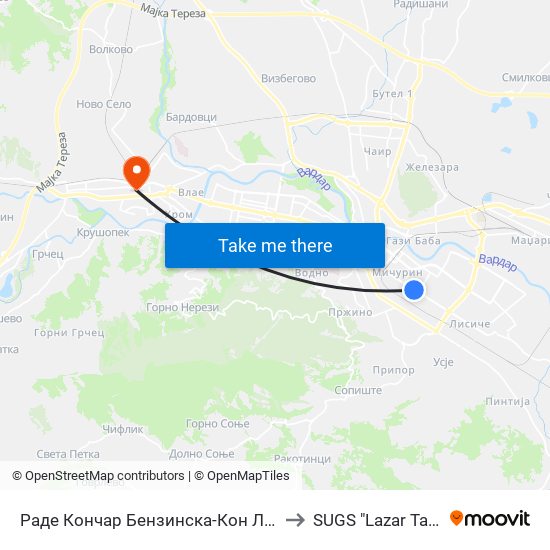 Раде Кончар Бензинска-Кон Лисиче to SUGS "Lazar Tanev" map