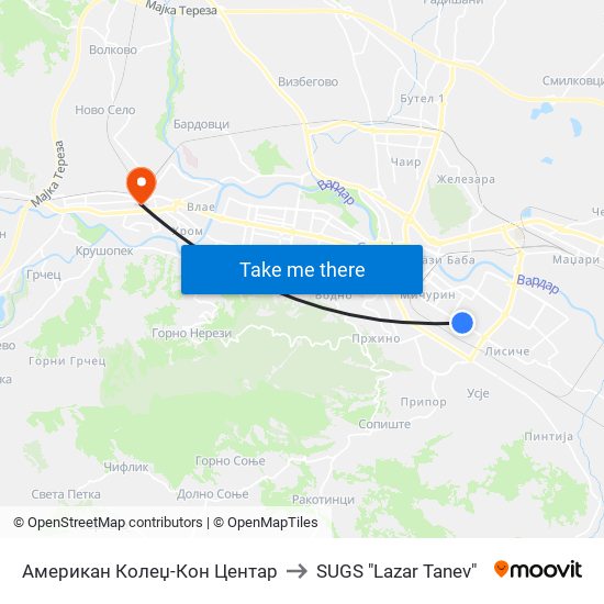 Американ Колеџ-Кон Центар to SUGS "Lazar Tanev" map