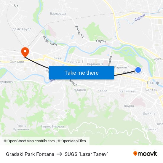 Gradski Park Fontana to SUGS "Lazar Tanev" map