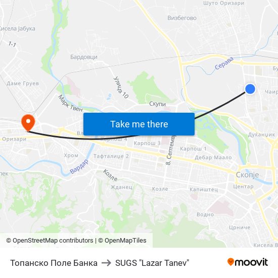 Топанско Поле Банка to SUGS "Lazar Tanev" map