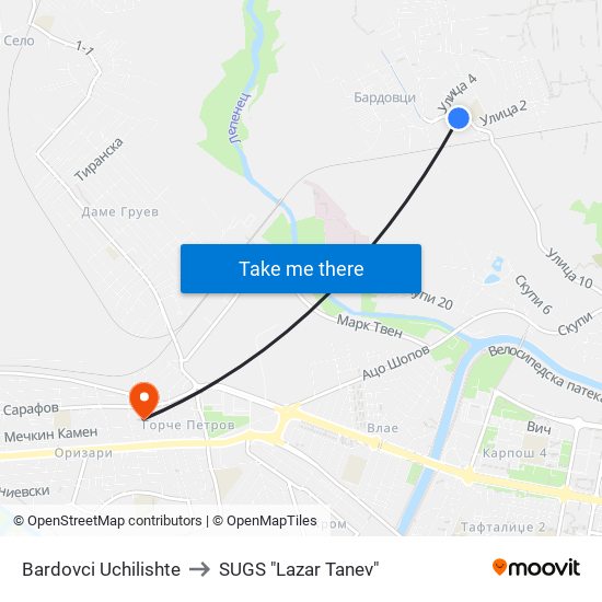 Bardovci Uchilishte to SUGS "Lazar Tanev" map