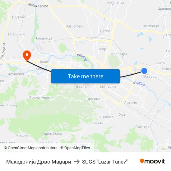 Македонија Дрво Маџари to SUGS "Lazar Tanev" map