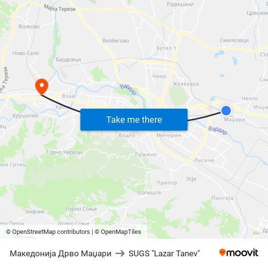 Македонија Дрво Маџари to SUGS "Lazar Tanev" map