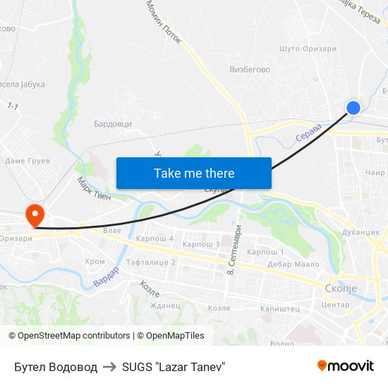 Бутел Водовод to SUGS "Lazar Tanev" map