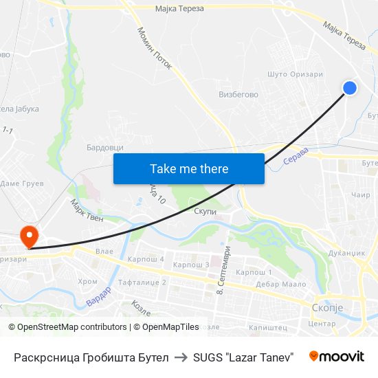 Раскрсница Гробишта Бутел to SUGS "Lazar Tanev" map