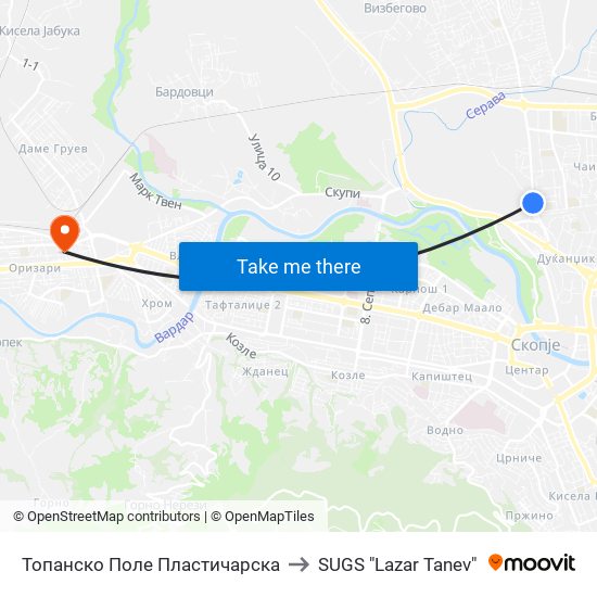 Топанско Поле Пластичарска to SUGS "Lazar Tanev" map