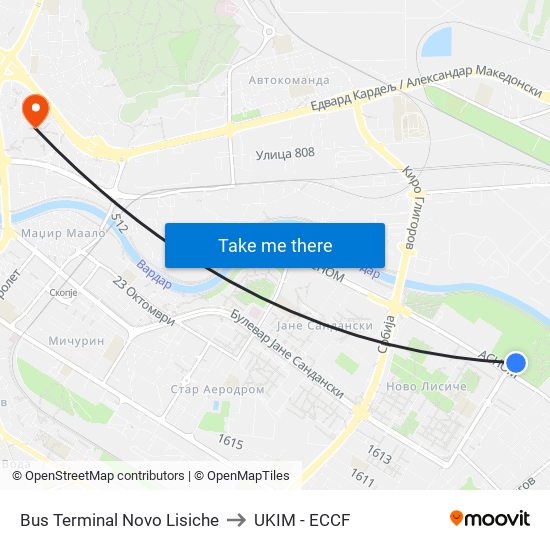 Bus Terminal Novo Lisiche to UKIM - ECCF map