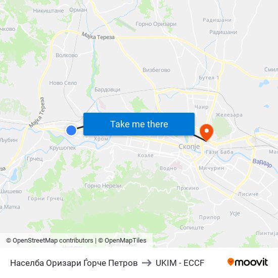 Населба Оризари Ѓорче Петров to UKIM - ECCF map