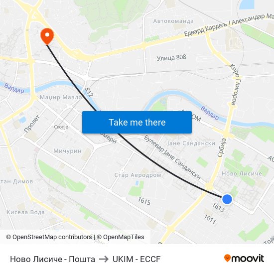 Ново Лисиче - Пошта to UKIM - ECCF map