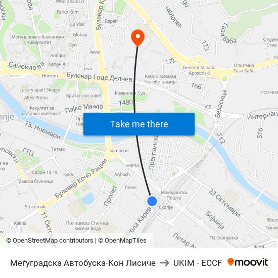 Меѓуградска Автобуска-Кон Лисиче to UKIM - ECCF map