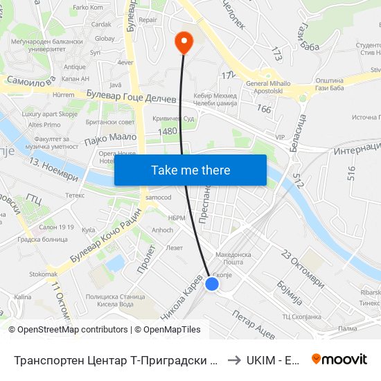 Транспортен Центар Т-Приградски Линии to UKIM - ECCF map